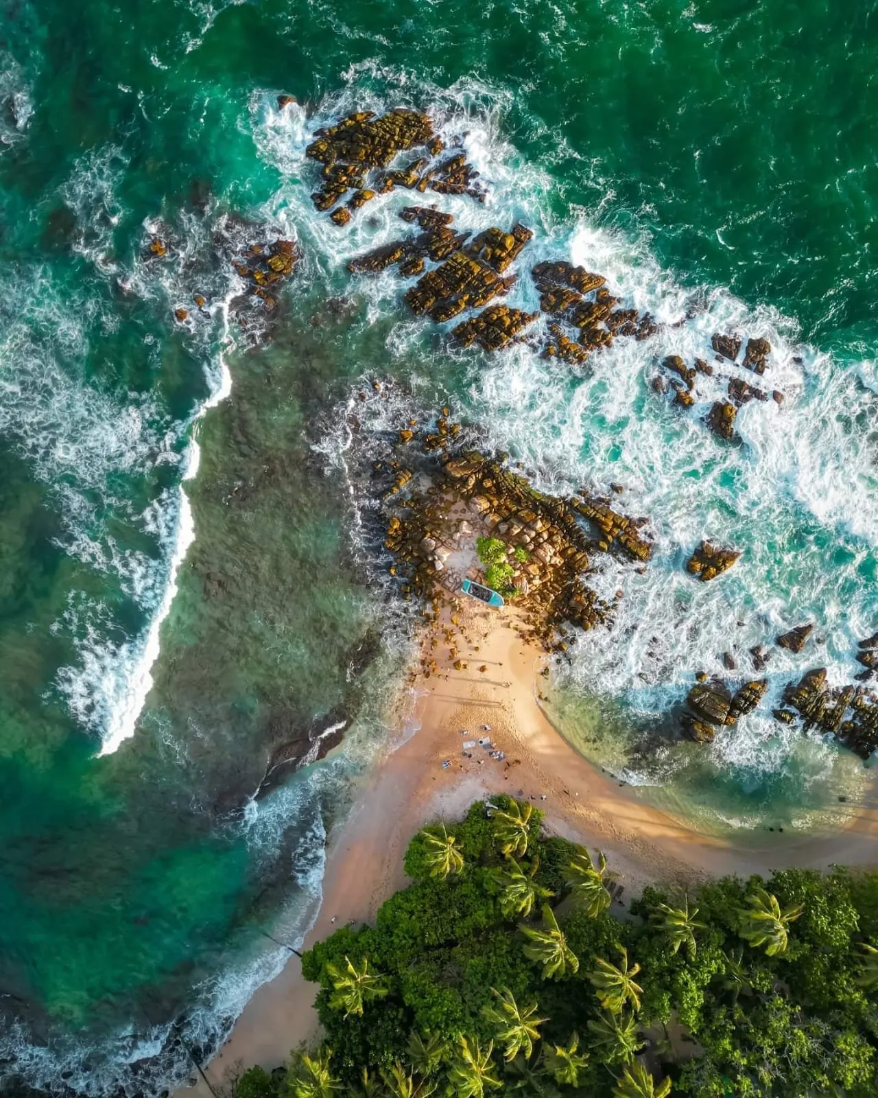 Aerial view of a golden beach and rocky reef meeting turquoise surf, fringed by palm forest